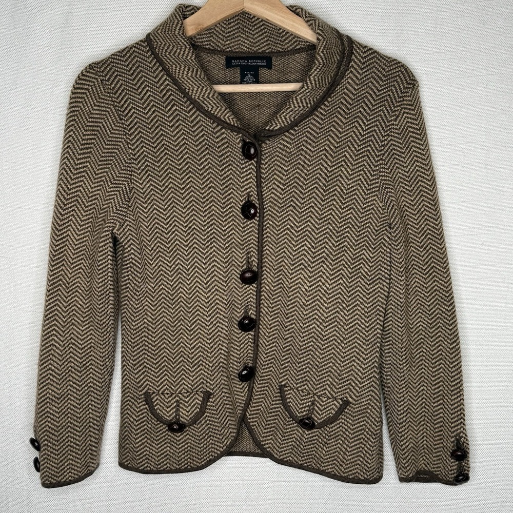 VTG Banana Republic Merino Wool Herringbone Riding Blazer Elbow Patches Women PS - Picture 2 of 12